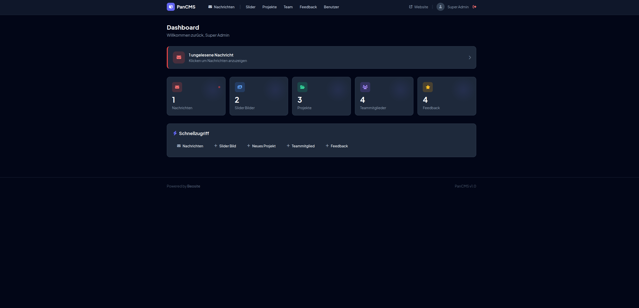 PanCMS Dashboard Übersicht