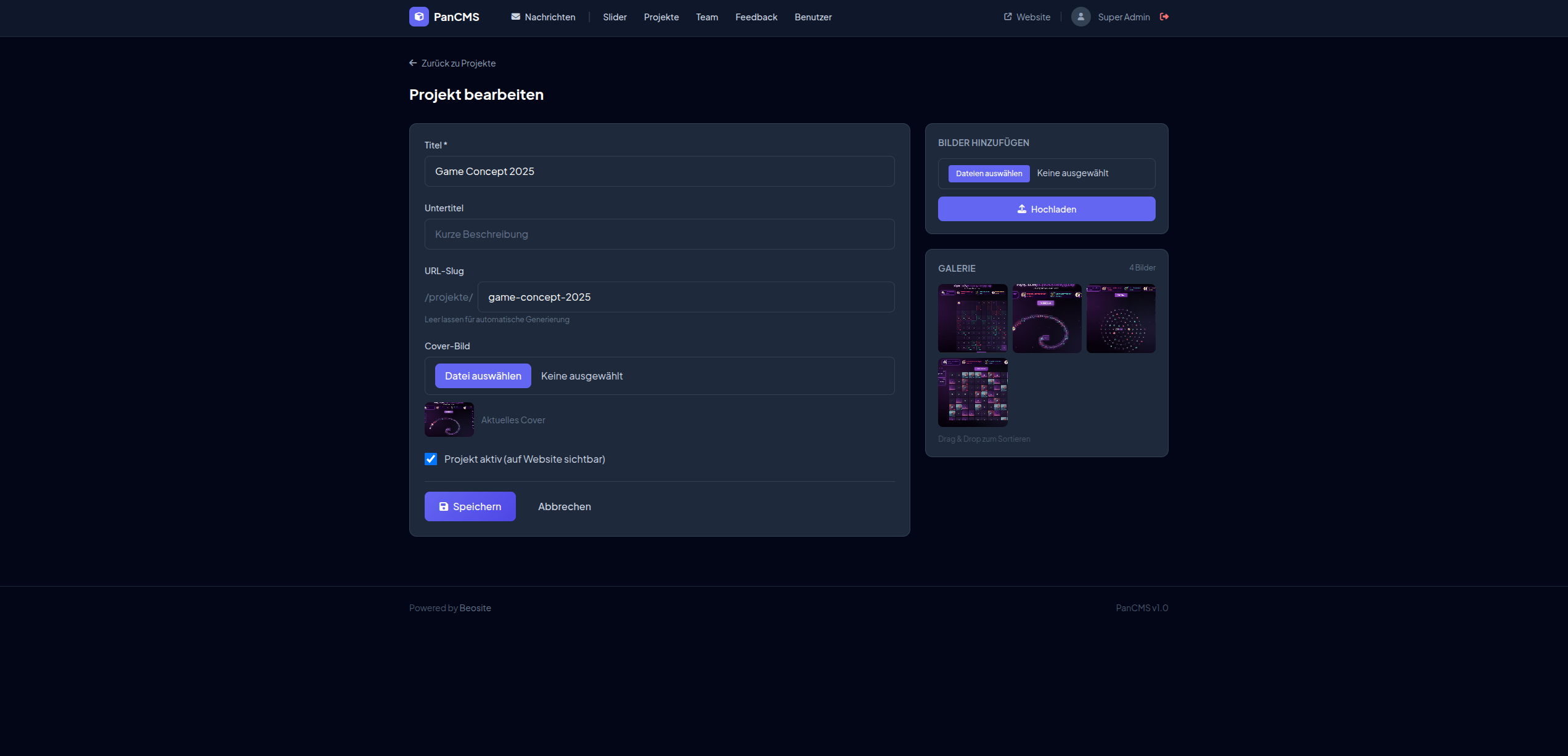 PanCMS Projekte bearbeiten