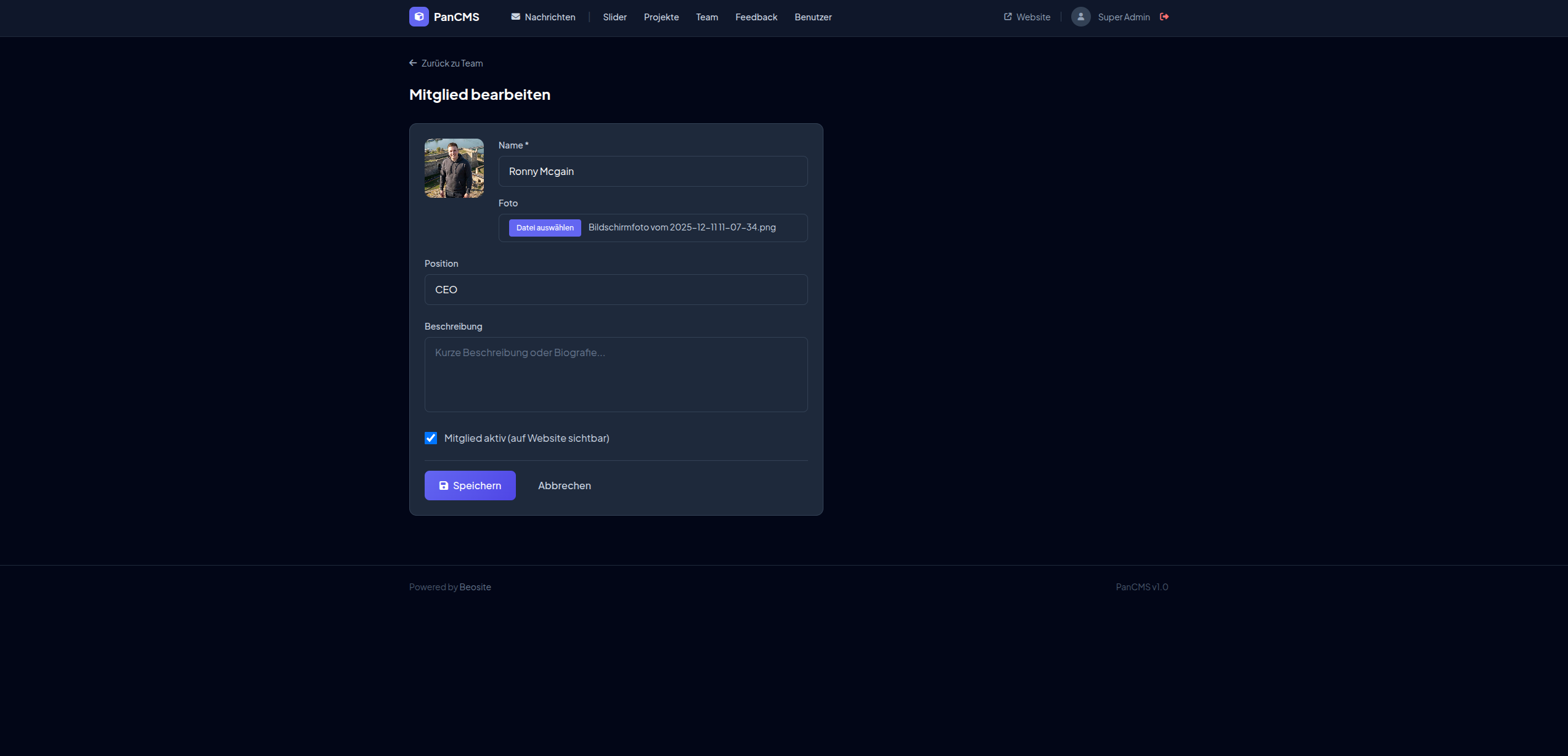 PanCMS Team Verwaltung